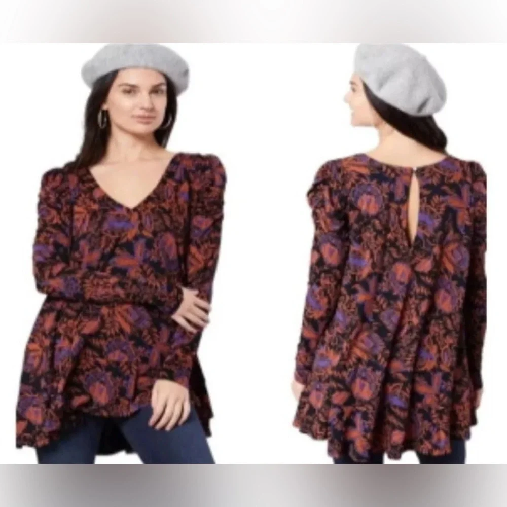 Free People Hello Lover Tunic Top In Noir Combo Size S Puff Sleeve Floral Dress